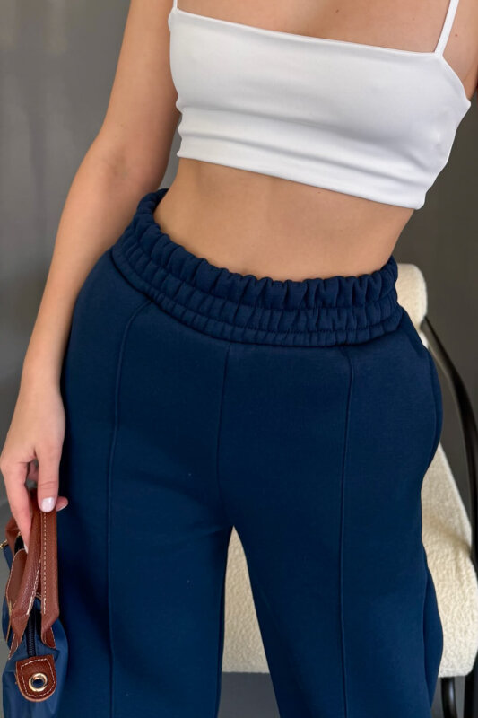 EŞF-09087 Lacivert Çimalı Bel Lastikli Üç İplik Şardonlu Palazzo Eşofman - 4