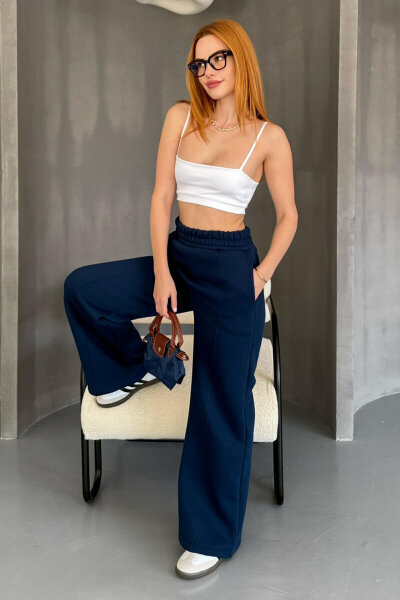 EŞF-09087 Lacivert Çimalı Bel Lastikli Üç İplik Şardonlu Palazzo Eşofman - 6