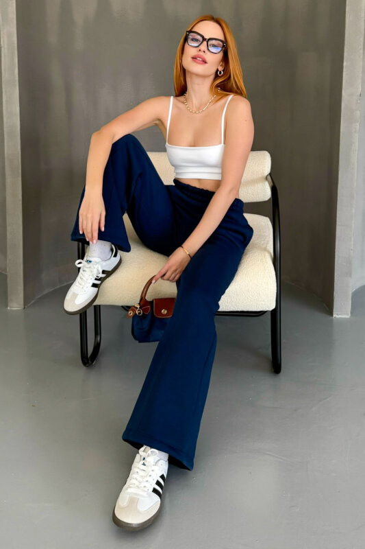 EŞF-09087 Lacivert Çimalı Bel Lastikli Üç İplik Şardonlu Palazzo Eşofman - 7