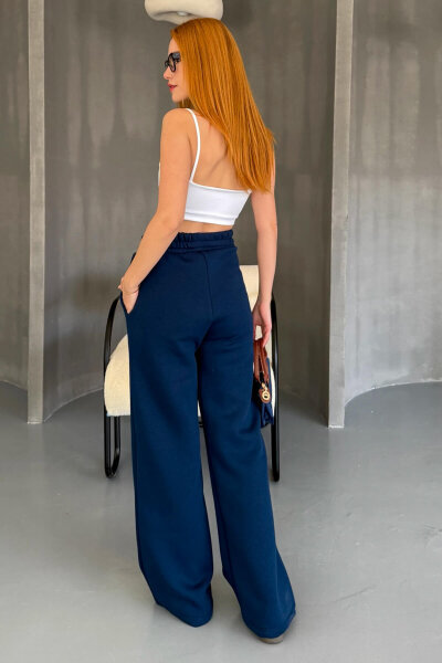 EŞF-09087 Lacivert Çimalı Bel Lastikli Üç İplik Şardonlu Palazzo Eşofman - 8