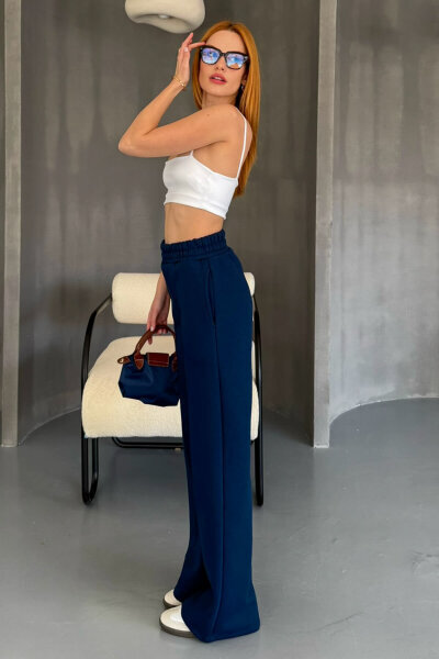 EŞF-09087 Lacivert Çimalı Bel Lastikli Üç İplik Şardonlu Palazzo Eşofman - 9