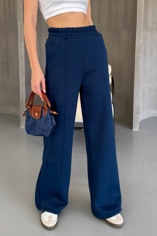 EŞF-09087 Lacivert Çimalı Bel Lastikli Üç İplik Şardonlu Palazzo Eşofman - 3