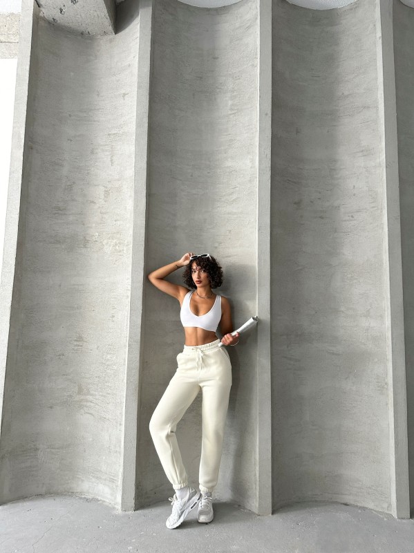 EŞF-09088 Beyaz Üç İplik Şardonlu Bel Lastikli Jogger Eşofman - 2