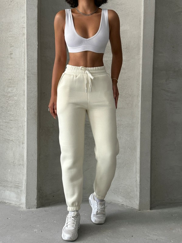 EŞF-09088 Beyaz Üç İplik Şardonlu Bel Lastikli Jogger Eşofman - 3