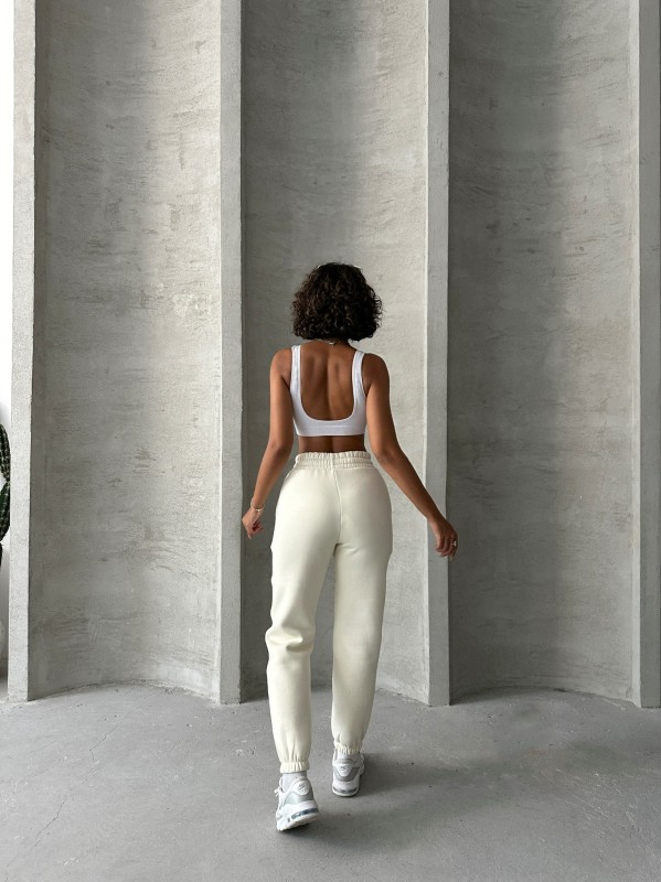 EŞF-09088 Beyaz Üç İplik Şardonlu Bel Lastikli Jogger Eşofman - 7