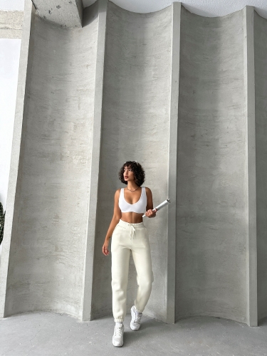 EŞF-09088 Beyaz Üç İplik Şardonlu Bel Lastikli Jogger Eşofman - 4