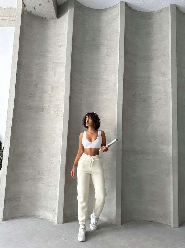 EŞF-09088 Beyaz Üç İplik Şardonlu Bel Lastikli Jogger Eşofman - 4