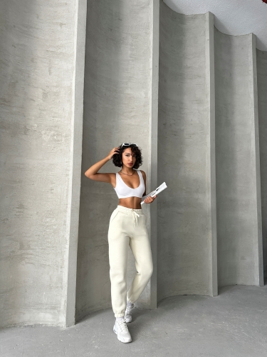 EŞF-09088 Beyaz Üç İplik Şardonlu Bel Lastikli Jogger Eşofman - 6