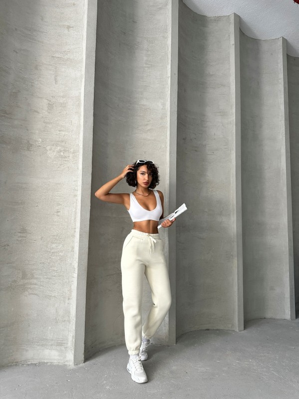 EŞF-09088 Beyaz Üç İplik Şardonlu Bel Lastikli Jogger Eşofman - 6