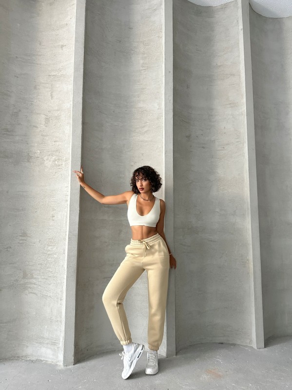 EŞF-09088 Vizon Üç İplik Şardonlu Bel Lastikli Jogger Eşofman - 4