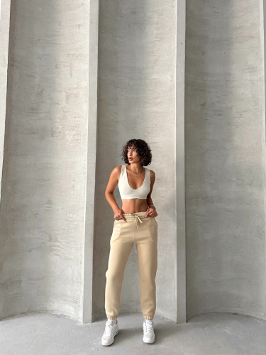 EŞF-09088 Vizon Üç İplik Şardonlu Bel Lastikli Jogger Eşofman - 5