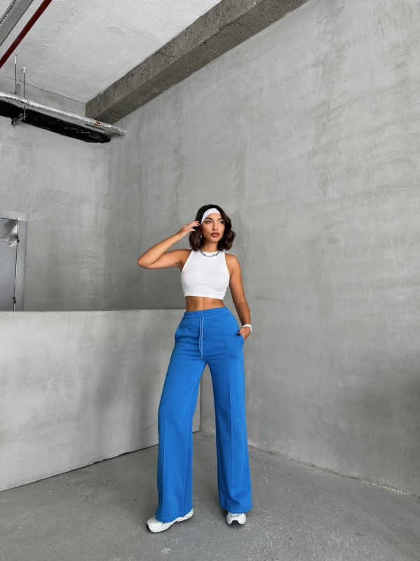 EŞF-09090 Mavi İki İplik Mevsimlik Kumaş Çimalı Palazzo Eşofman - 4