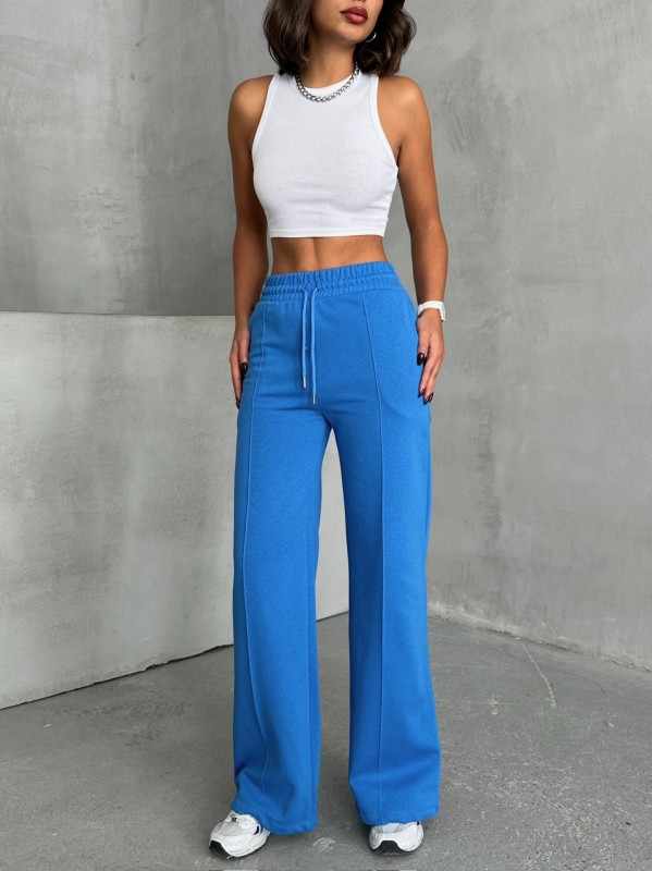 EŞF-09090 Mavi İki İplik Mevsimlik Kumaş Çimalı Palazzo Eşofman - 1