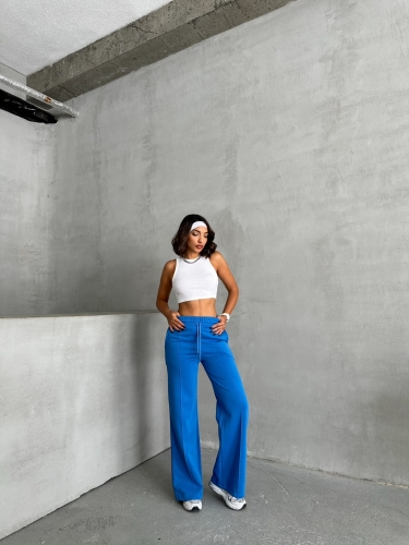 EŞF-09090 Mavi İki İplik Mevsimlik Kumaş Çimalı Palazzo Eşofman - 6