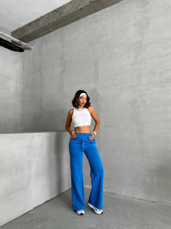 EŞF-09090 Mavi İki İplik Mevsimlik Kumaş Çimalı Palazzo Eşofman - 6