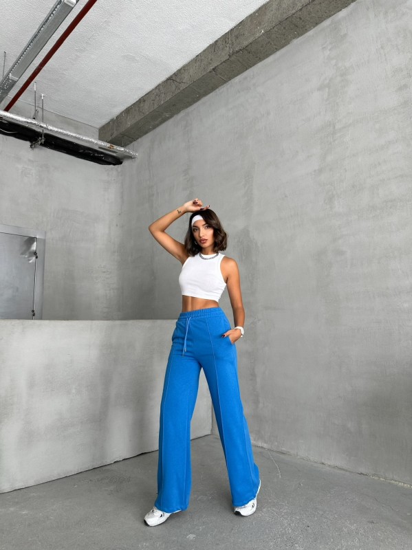 EŞF-09090 Mavi İki İplik Mevsimlik Kumaş Çimalı Palazzo Eşofman - 7