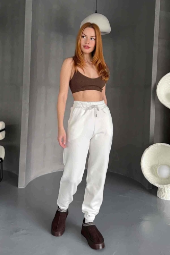 EŞF-09091 Beyaz İki İplik Şardonlu Jogger Eşofman - Cappmoda