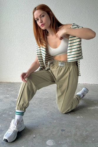 EŞF-9083 Haki Çimalı Capp Studio Etiketli Bel Lastikli İki İplik Jogger Eşofman - 1