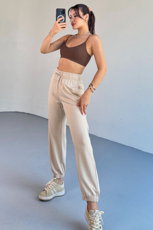  EŞF0012 Taş Rengi Modal Kumaş Düz Jogger Eşofman Altı - 4