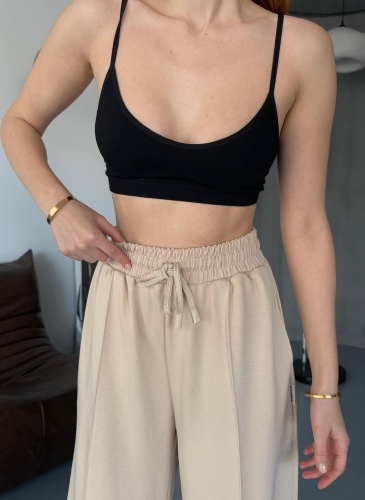 EŞF0017 Bej Rengi Modal Kumaş Bel Lastikli Salaş Çimalı Eşofman Altı (1)