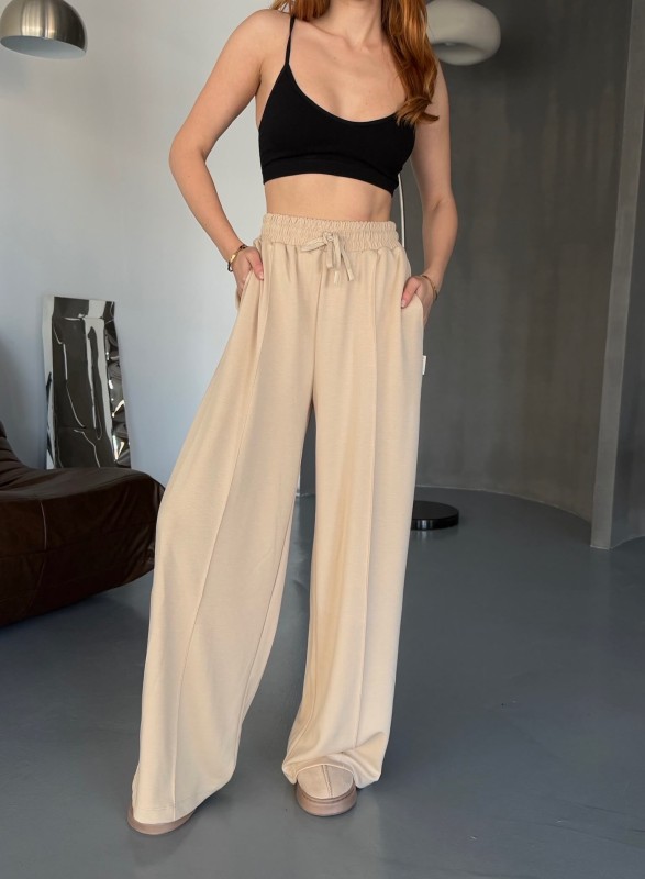 EŞF0017 Bej Rengi Modal Kumaş Bel Lastikli Salaş Çimalı Eşofman Altı - 1