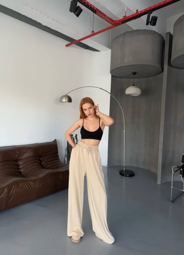 EŞF0017 Bej Rengi Modal Kumaş Bel Lastikli Salaş Çimalı Eşofman Altı - 3