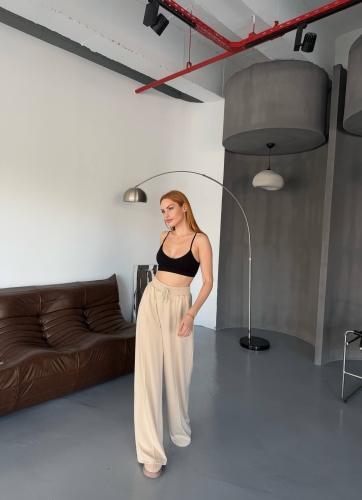 EŞF0017 Bej Rengi Modal Kumaş Bel Lastikli Salaş Çimalı Eşofman Altı - 4