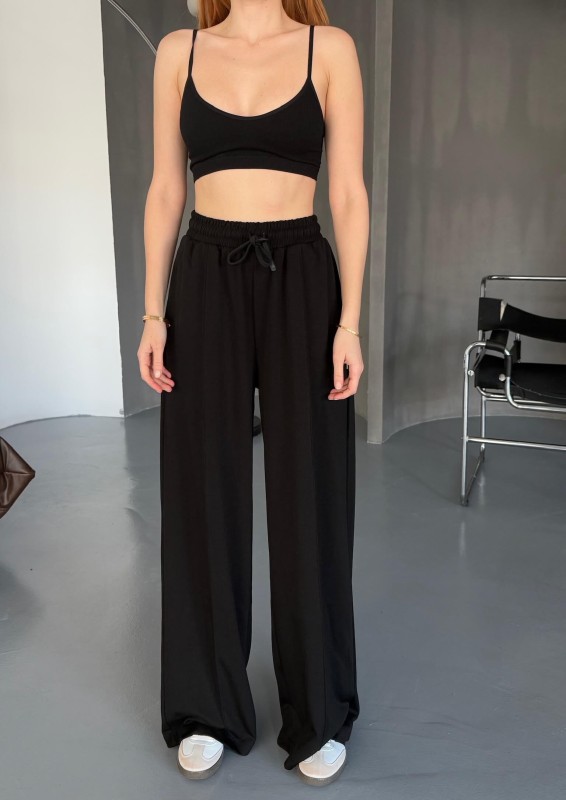 EŞF0017 Siyah Modal Kumaş Bel Lastikli Salaş Çimalı Eşofman Altı - 4