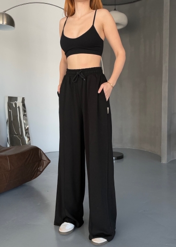 EŞF0017 Siyah Modal Kumaş Bel Lastikli Salaş Çimalı Eşofman Altı 