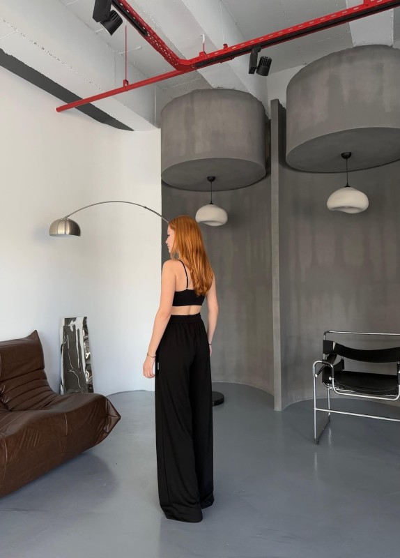 EŞF0017 Siyah Modal Kumaş Bel Lastikli Salaş Çimalı Eşofman Altı - 6