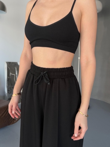 EŞF0017 Siyah Modal Kumaş Bel Lastikli Salaş Çimalı Eşofman Altı - 2