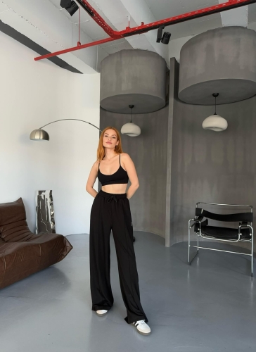 EŞF0017 Siyah Modal Kumaş Bel Lastikli Salaş Çimalı Eşofman Altı - 3