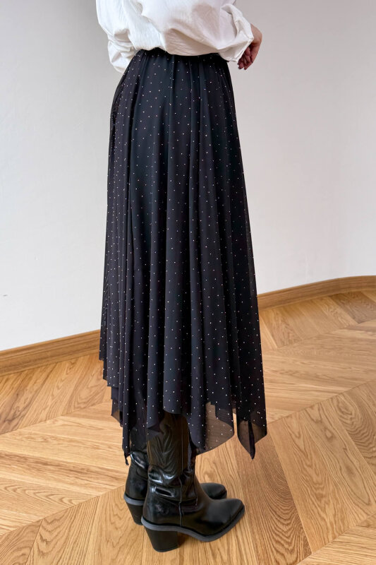 ETK-01382 Siyah Taş Detaylı Asimetrik Kesim Tül Etek - 5