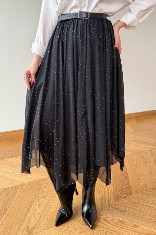 ETK-01382 Siyah Taş Detaylı Asimetrik Kesim Tül Etek - 6