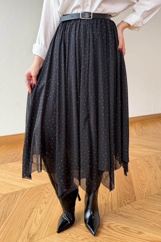 ETK-01382 Siyah Taş Detaylı Asimetrik Kesim Tül Etek - 6