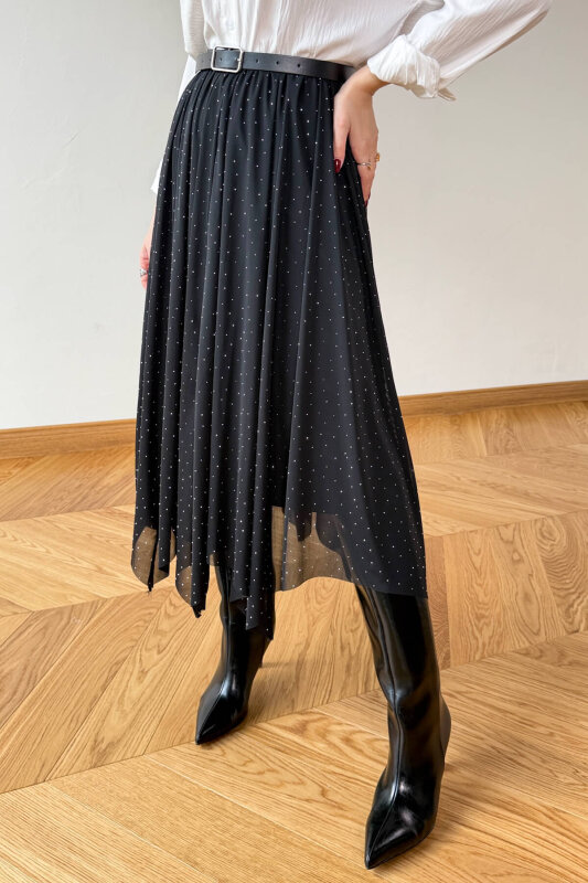 ETK-01382 Siyah Taş Detaylı Asimetrik Kesim Tül Etek - 2