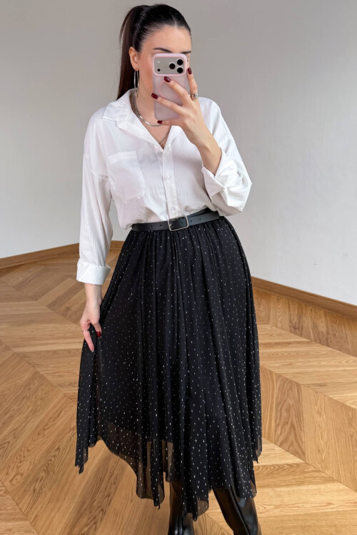 ETK-01382 Siyah Taş Detaylı Asimetrik Kesim Tül Etek - 3