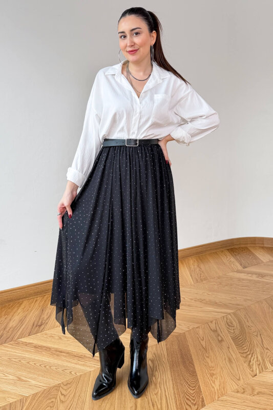 ETK-01382 Siyah Taş Detaylı Asimetrik Kesim Tül Etek - 1