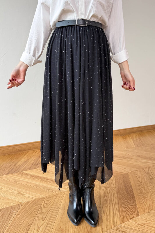 ETK-01382 Siyah Taş Detaylı Asimetrik Kesim Tül Etek - 4