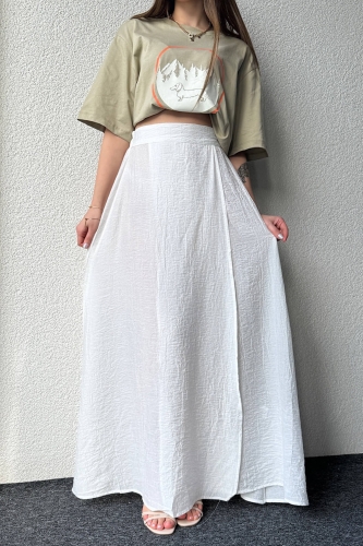 ETK-02321 Beyaz Çan Model Yırtmaçlı Bel Lastikli Salaş Uzun Etek - 4