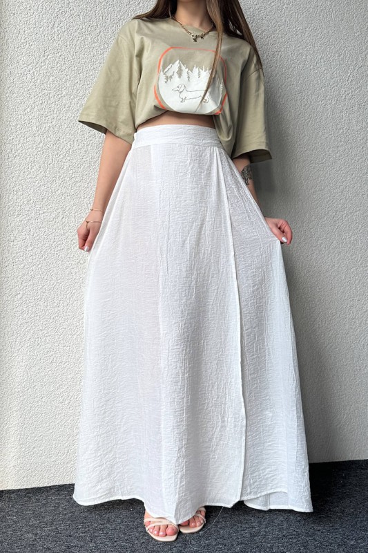 ETK-02321 Beyaz Çan Model Yırtmaçlı Bel Lastikli Salaş Uzun Etek - 4