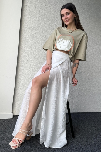 ETK-02321 Beyaz Çan Model Yırtmaçlı Bel Lastikli Salaş Uzun Etek - 1