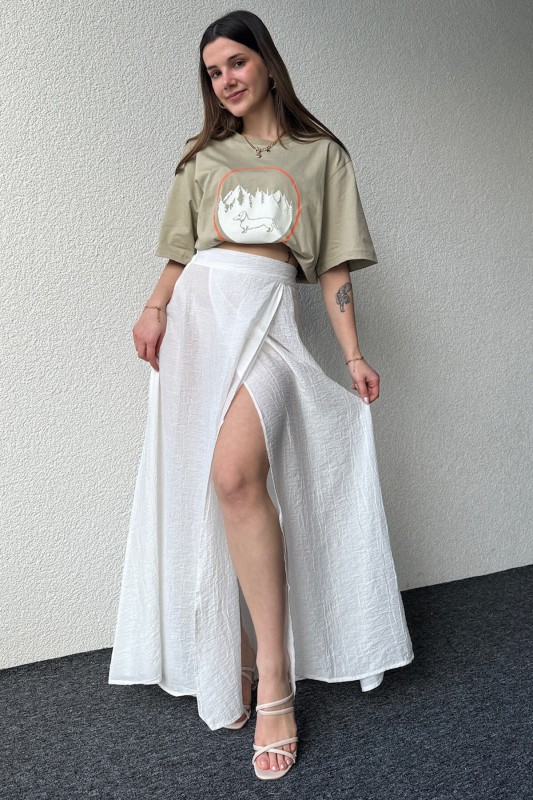 ETK-02321 Beyaz Çan Model Yırtmaçlı Bel Lastikli Salaş Uzun Etek - 2