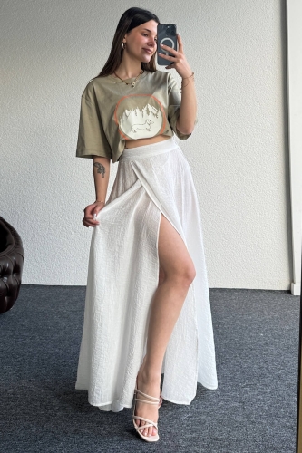 ETK-02321 Beyaz Çan Model Yırtmaçlı Bel Lastikli Salaş Uzun Etek - 3