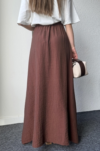 ETK-02321 Kahverengi Çan Model Yırtmaçlı Bel Lastikli Salaş Uzun Etek - 8