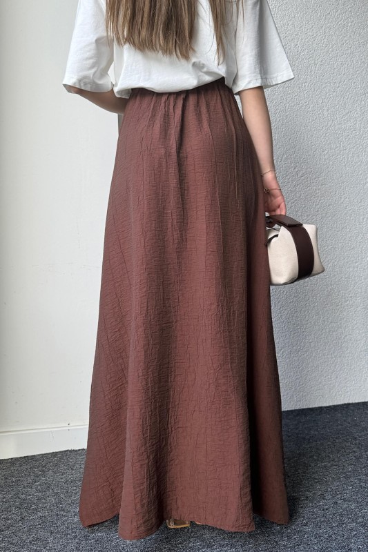 ETK-02321 Kahverengi Çan Model Yırtmaçlı Bel Lastikli Salaş Uzun Etek - 8