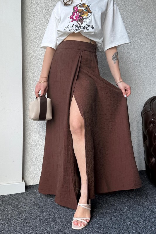 ETK-02321 Kahverengi Çan Model Yırtmaçlı Bel Lastikli Salaş Uzun Etek - 6