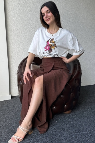 ETK-02321 Kahverengi Çan Model Yırtmaçlı Bel Lastikli Salaş Uzun Etek - 5