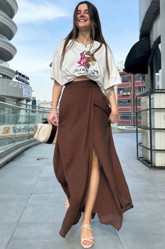 ETK-02321 Kahverengi Çan Model Yırtmaçlı Bel Lastikli Salaş Uzun Etek - 7