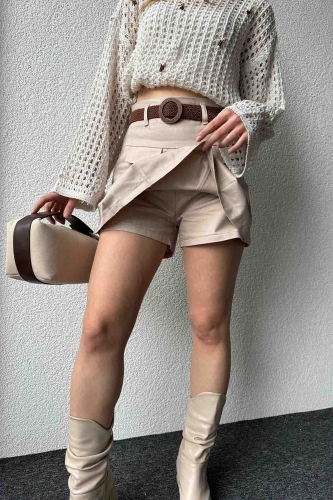 ETK-02322 Vizon Keten Dokuma Kumaş Şort Etek - 6